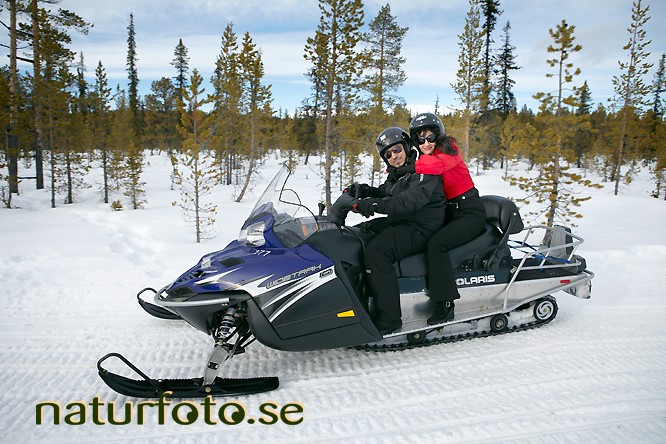 Man och kvinna kör snöskoter, jukkasjärvi, lappland  